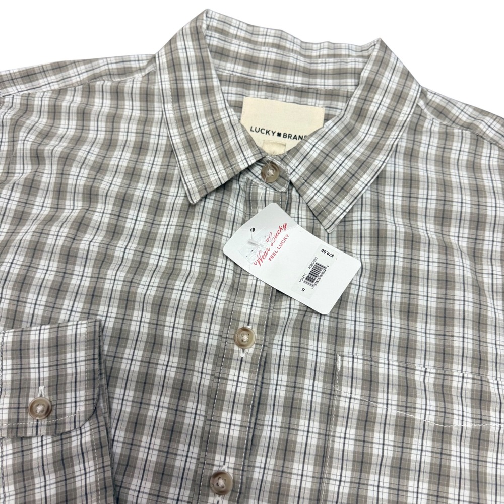 Lucky Brand Womens Plaid Button Down Shirt Tan White Grey 154411 Small NWT